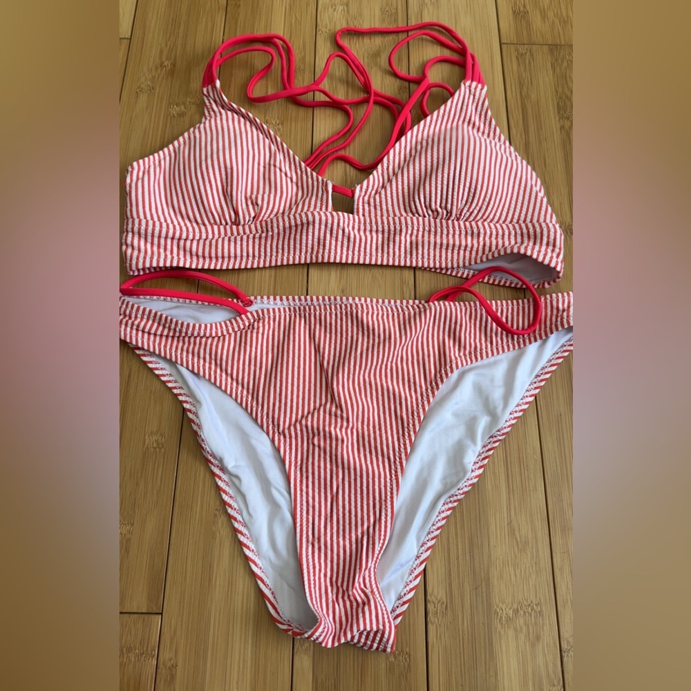 Red and White Striped Bikini Set